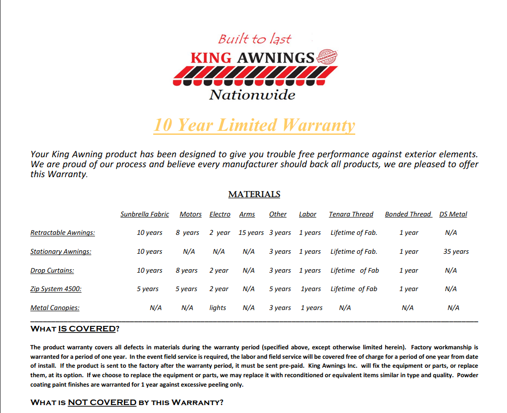 King Awnings Nationwide 10 Year Warranty