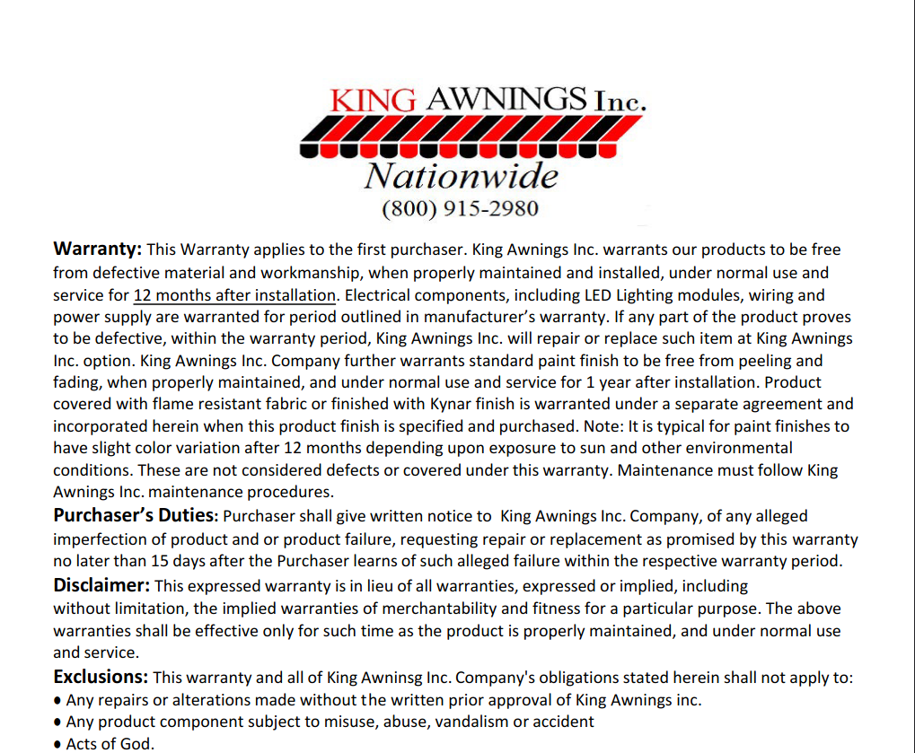 King Awnings Nationwide Metal Canopy Warranty